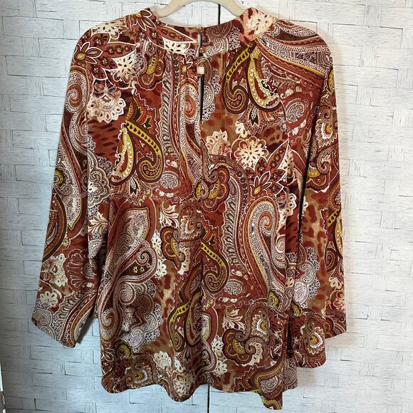 E.S.T. 1946 blouse mock neck paisley cream brown bohemian 3/4 length sleeve  - Picture 2 of 10